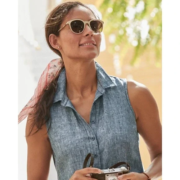 NWT Garnet Hill Classic Linen Shirt Dress Size 14 Button Up Collared Sleeveless - Picture 2 of 13